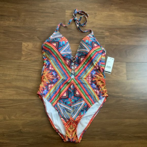 Kenneth Cole V-neck Arabesque Push Up One Piece Swimsuit - Picture 2 of 8